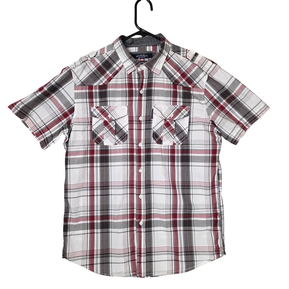 Ecko Unltd Men's L Plaid Short Sleeve Button Up Shirt White Red Gray 100% Cotton